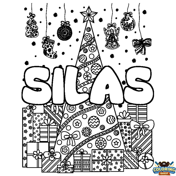Coloring page first name SILAS - Christmas tree and presents background
