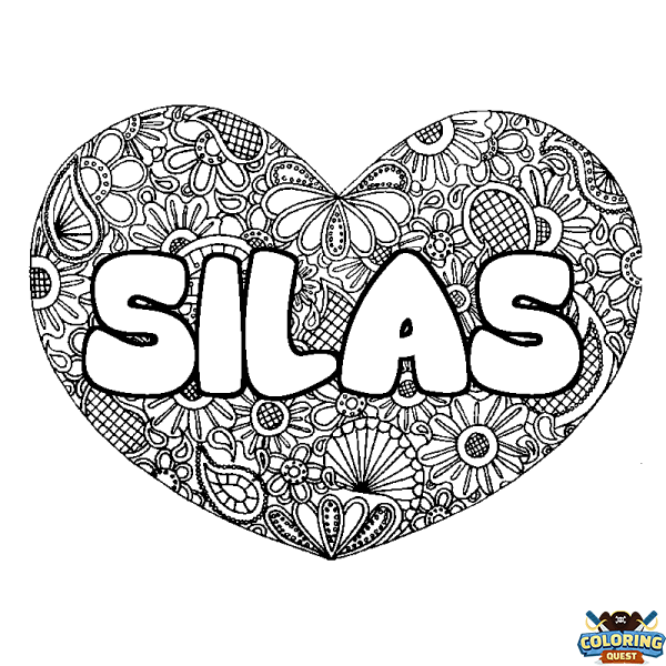 Coloring page first name SILAS - Heart mandala background