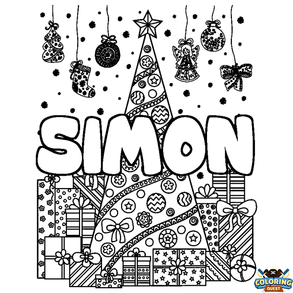Coloring page first name SIMON - Christmas tree and presents background