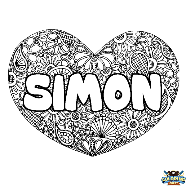 Coloring page first name SIMON - Heart mandala background