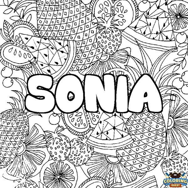 Coloring page first name SONIA - Fruits mandala background