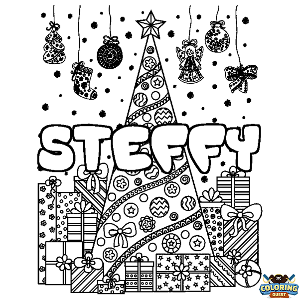 Coloring page first name STEFFY - Christmas tree and presents background
