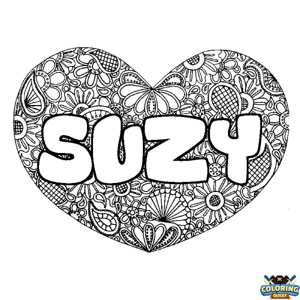 Coloring page first name SUZY - Heart mandala background