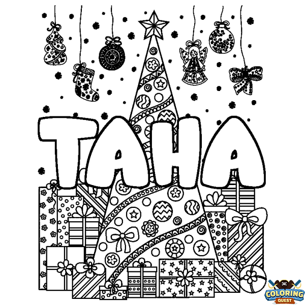 Coloring page first name TAHA - Christmas tree and presents background