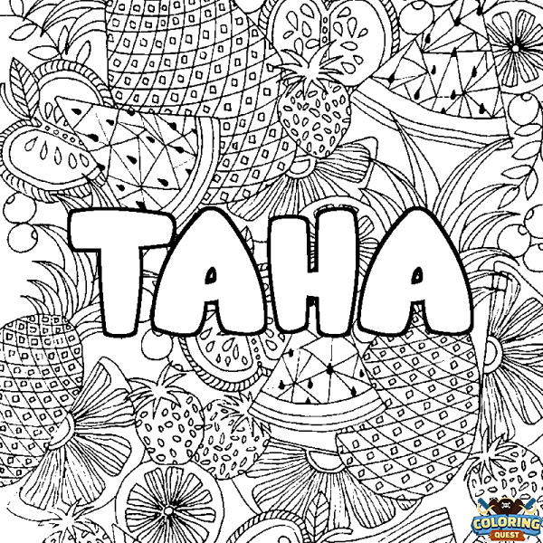 Coloring page first name TAHA - Fruits mandala background