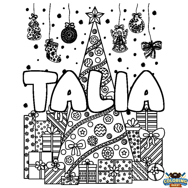 Coloring page first name TALIA - Christmas tree and presents background