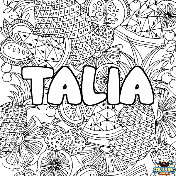 Coloring page first name TALIA - Fruits mandala background
