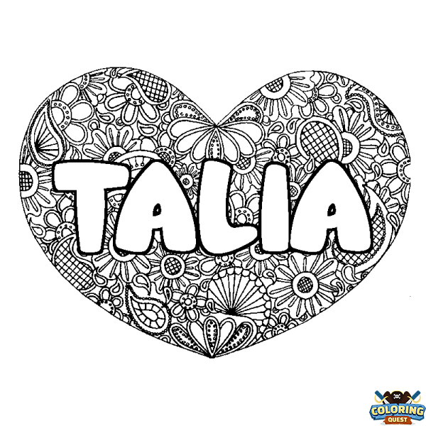 Coloring page first name TALIA - Heart mandala background