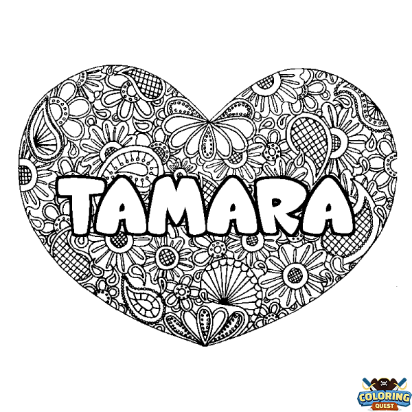 Coloring page first name TAMARA - Heart mandala background