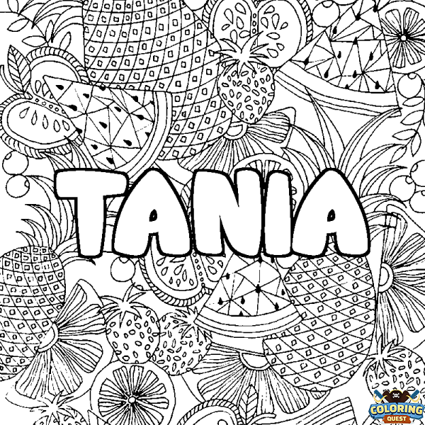 Coloring page first name TANIA - Fruits mandala background
