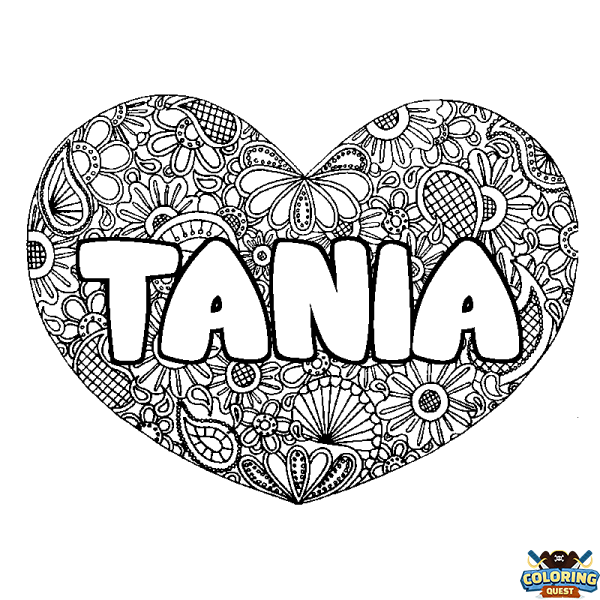 Coloring page first name TANIA - Heart mandala background