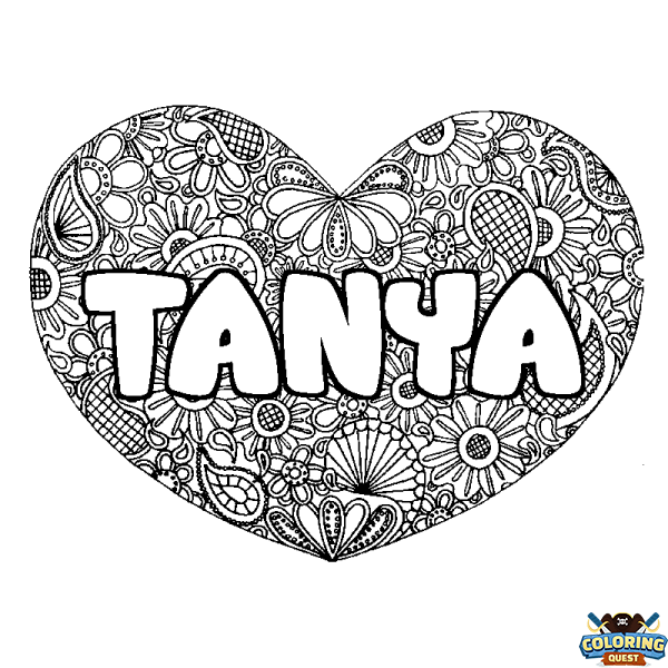Coloring page first name TANYA - Heart mandala background