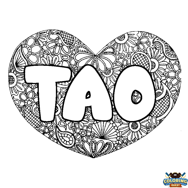 Coloring page first name TAO - Heart mandala background