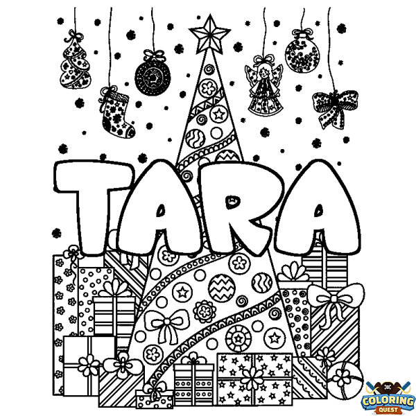 Coloring page first name TARA - Christmas tree and presents background