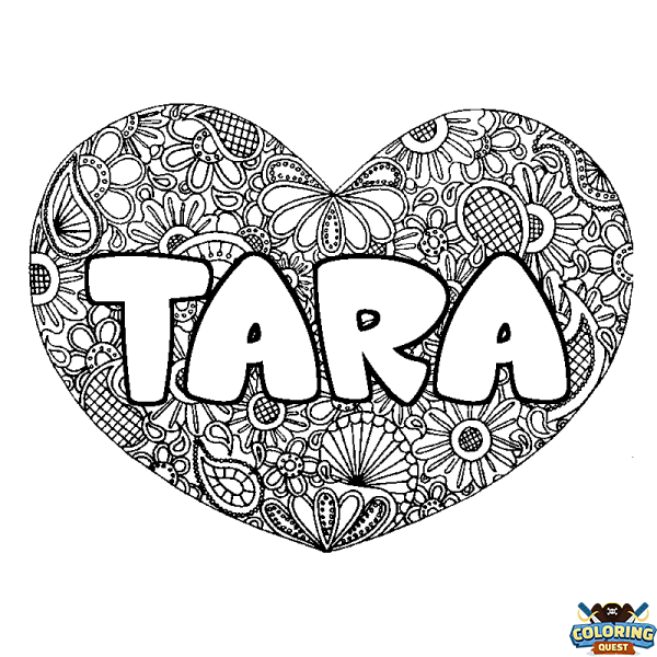 Coloring page first name TARA - Heart mandala background