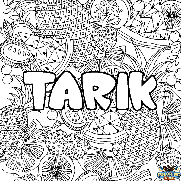 Coloring page first name TARIK - Fruits mandala background