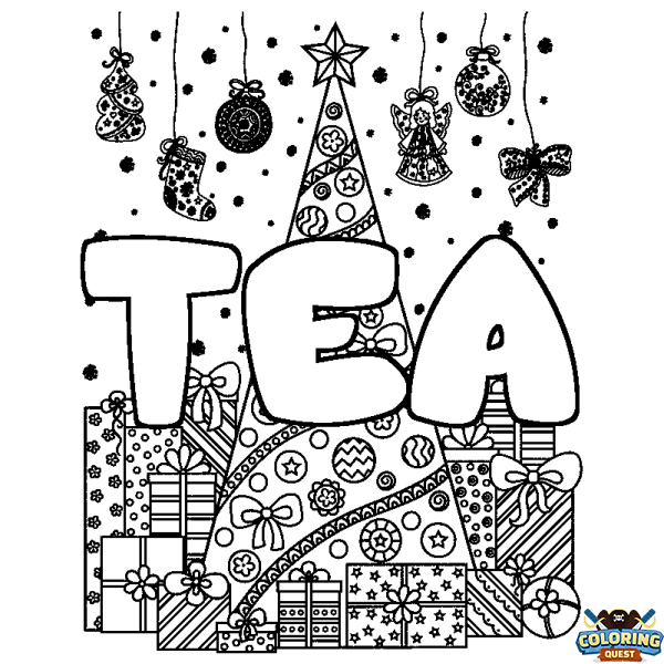 Coloring page first name TEA - Christmas tree and presents background