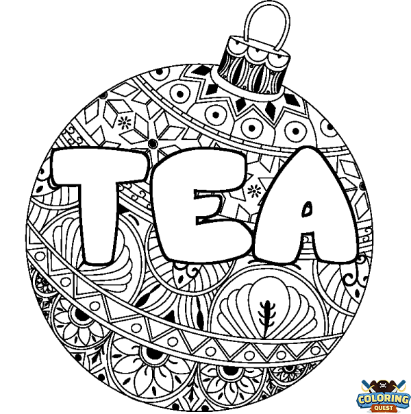 Coloring page first name TEA - Christmas tree bulb background