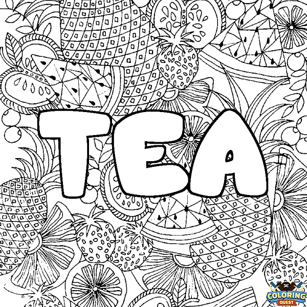 Coloring page first name TEA - Fruits mandala background