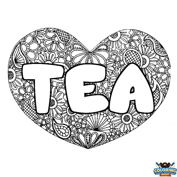 Coloring page first name TEA - Heart mandala background