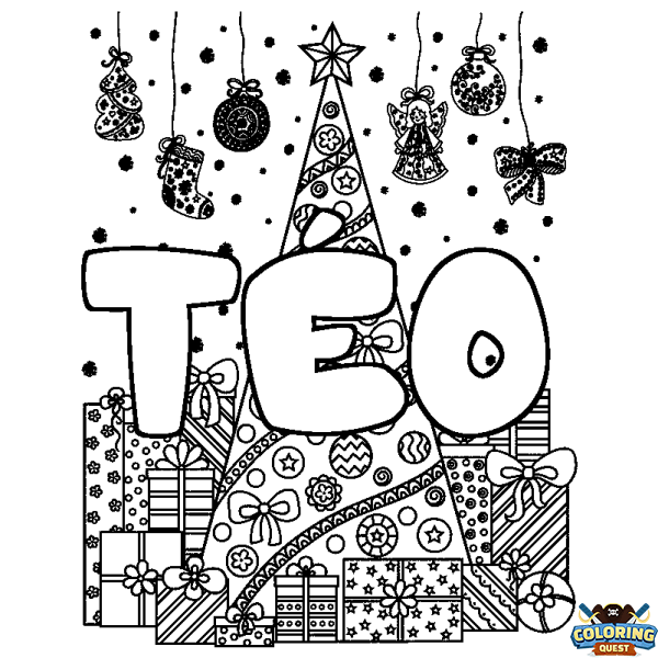 Coloring page first name T&Eacute;O - Christmas tree and presents background