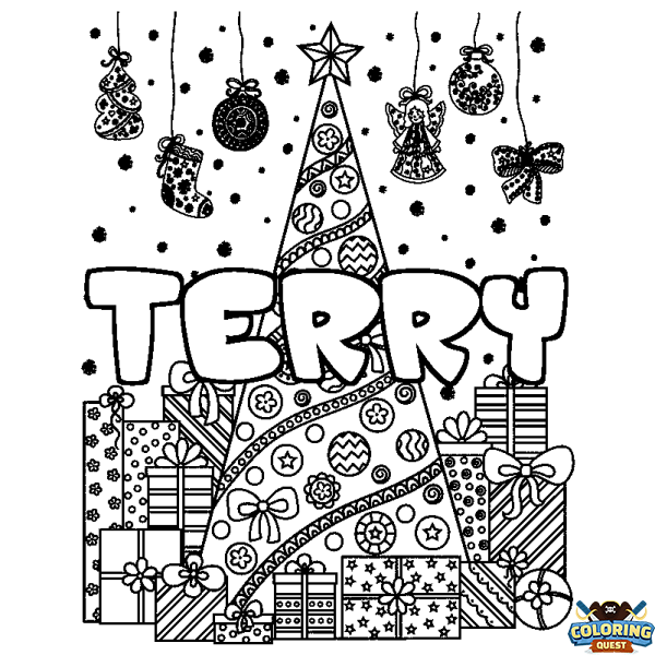 Coloring page first name TERRY - Christmas tree and presents background