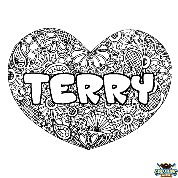 Coloring page first name TERRY - Heart mandala background
