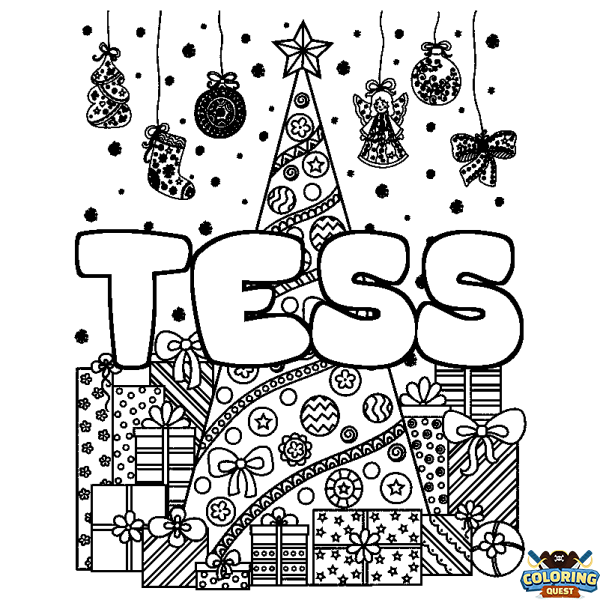 Coloring page first name TESS - Christmas tree and presents background