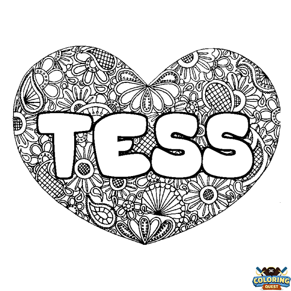 Coloring page first name TESS - Heart mandala background