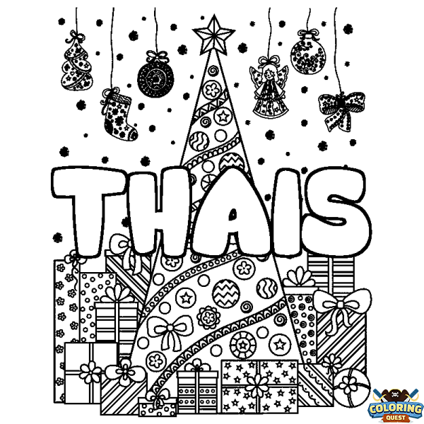 Coloring page first name THAIS - Christmas tree and presents background