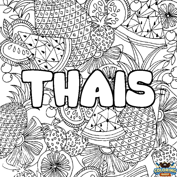 Coloring page first name THAIS - Fruits mandala background