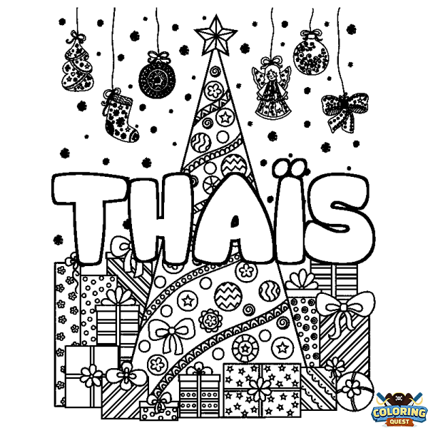 Coloring page first name THA&Iuml;S - Christmas tree and presents background