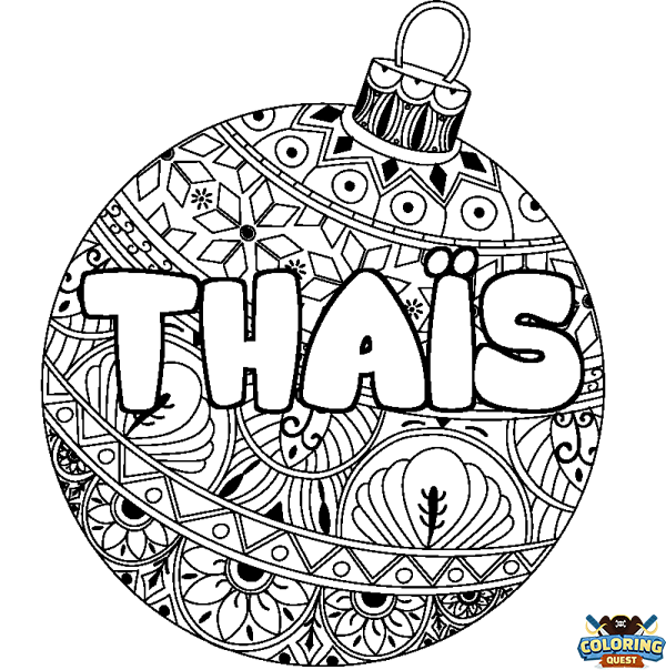 Coloring page first name THA&Iuml;S - Christmas tree bulb background