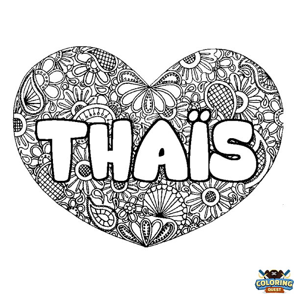 Coloring page first name THA&Iuml;S - Heart mandala background