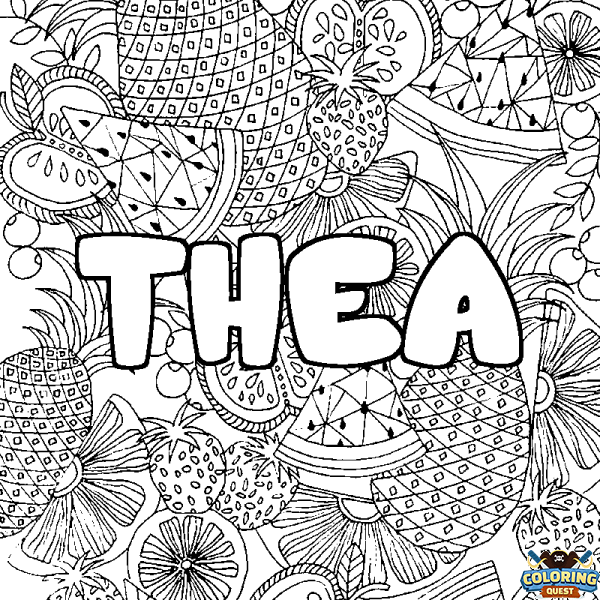 Coloring page first name THEA - Fruits mandala background