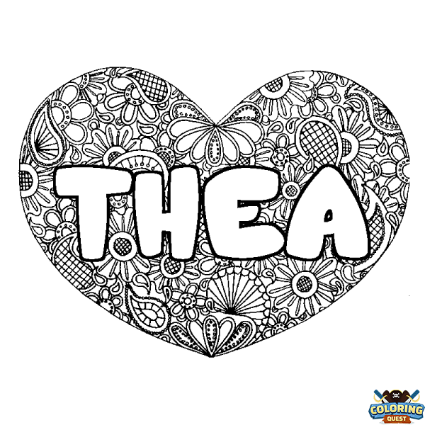 Coloring page first name THEA - Heart mandala background