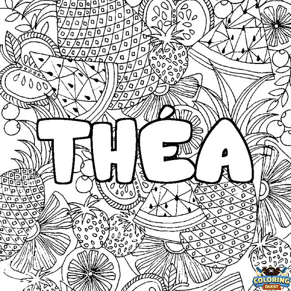 Coloring page first name TH&Eacute;A - Fruits mandala background