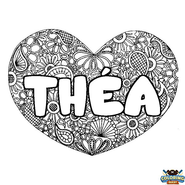 Coloring page first name TH&Eacute;A - Heart mandala background