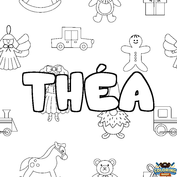 Coloring page first name TH&Eacute;A - Toys background