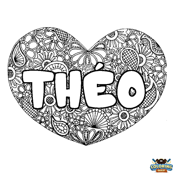 Coloring page first name TH&Eacute;O - Heart mandala background