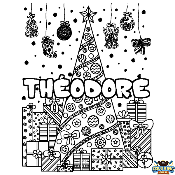Coloring page first name TH&Eacute;ODORE - Christmas tree and presents background