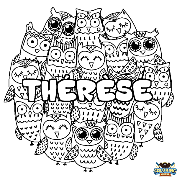 Coloring page first name TH&Eacute;R&Egrave;SE - Owls background