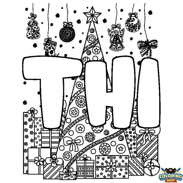 Coloring page first name THI - Christmas tree and presents background