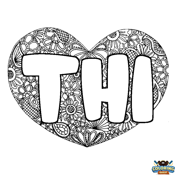 Coloring page first name THI - Heart mandala background