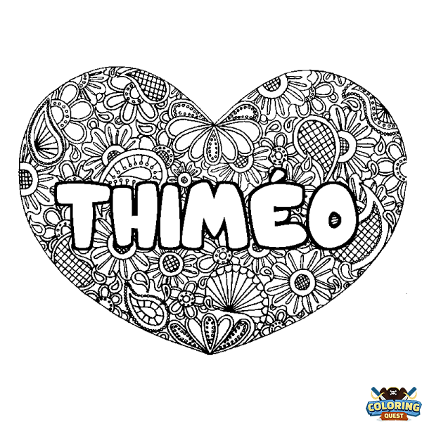 Coloring page first name THIM&Eacute;O - Heart mandala background