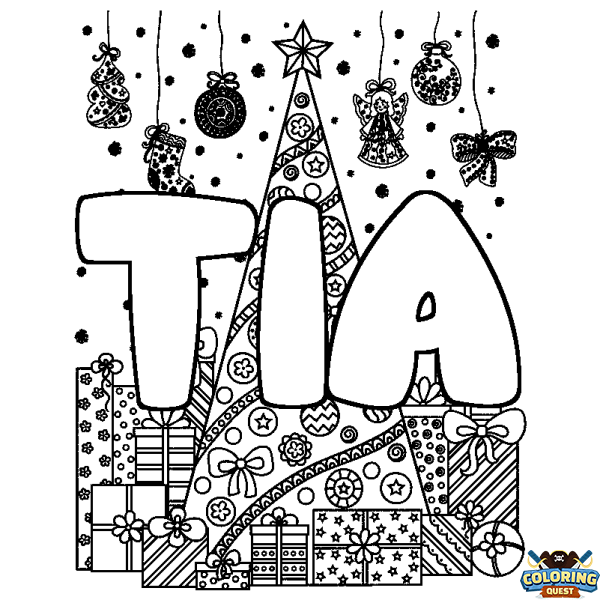 Coloring page first name TIA - Christmas tree and presents background