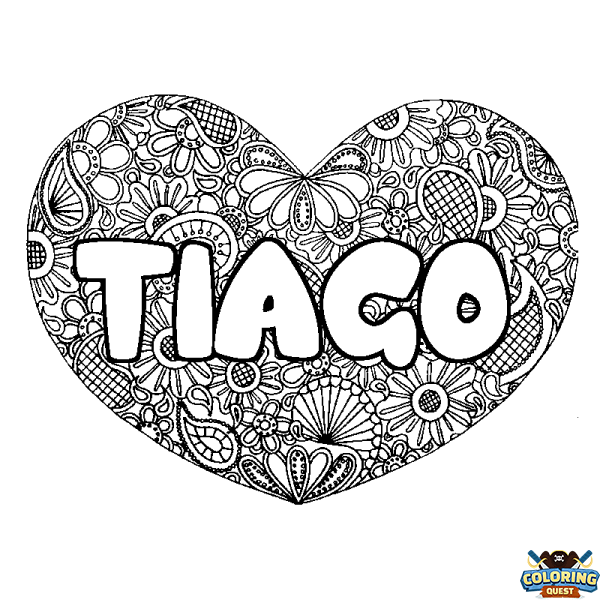 Coloring page first name TIAGO - Heart mandala background