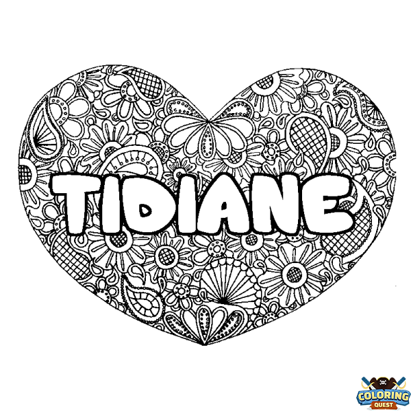 Coloring page first name TIDIANE - Heart mandala background