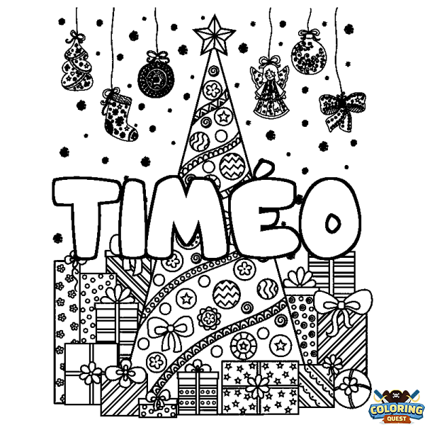 Coloring page first name TIM&Eacute;O - Christmas tree and presents background