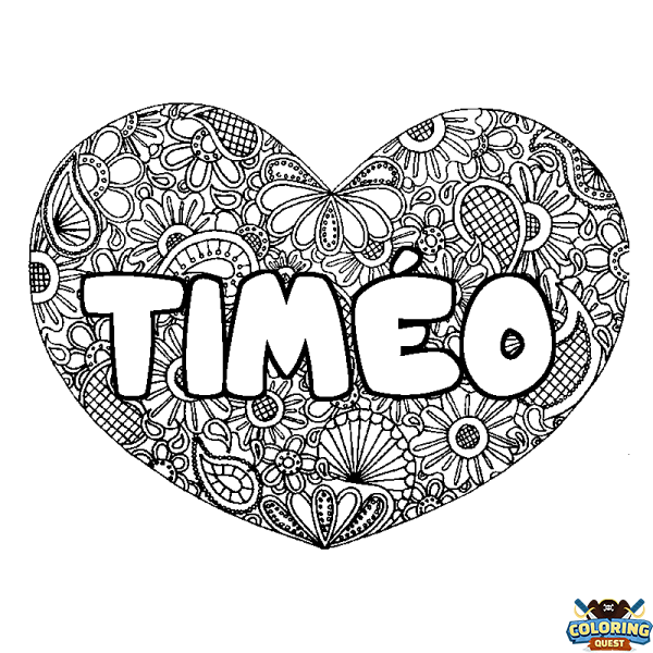 Coloring page first name TIM&Eacute;O - Heart mandala background